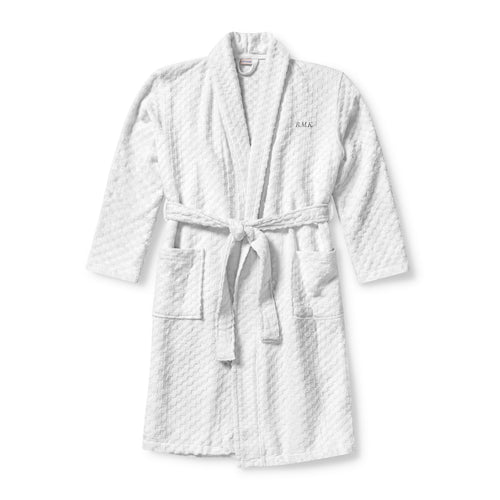 Personalized white terry bathrobe for men with shawl collar and custom embroidery
