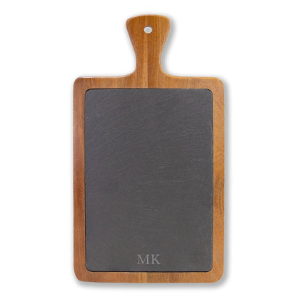 Personalized engraved charcuterie board for men in acacia wood with removable slate insert