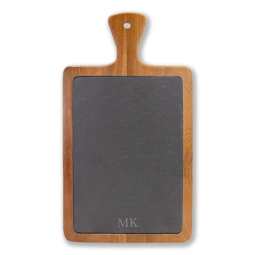 Personalized engraved charcuterie board for men in acacia wood with removable slate insert