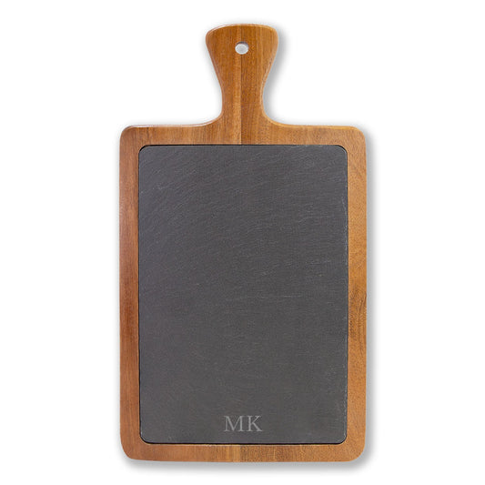 Personalized engraved charcuterie board for men in acacia wood with removable slate insert
