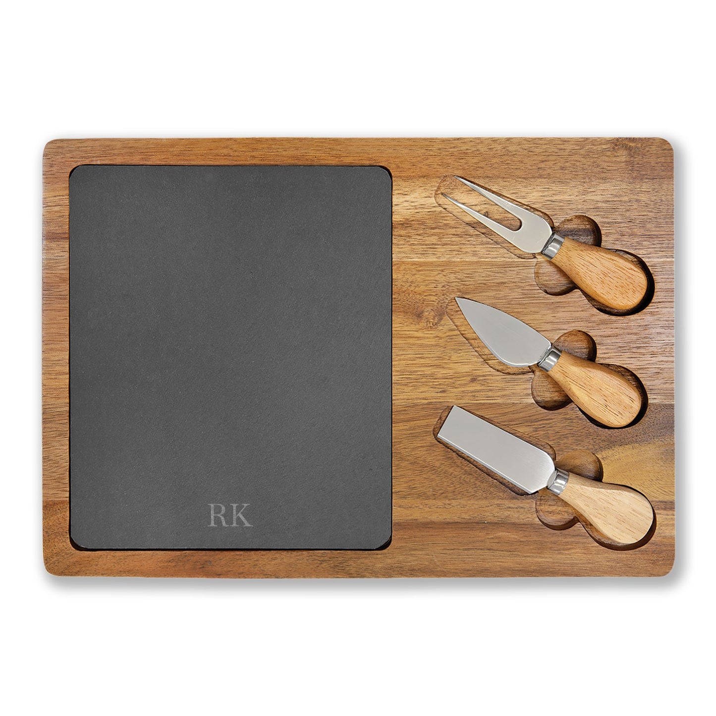 Personalized large charcuterie board for men in acacia wood with slate insert