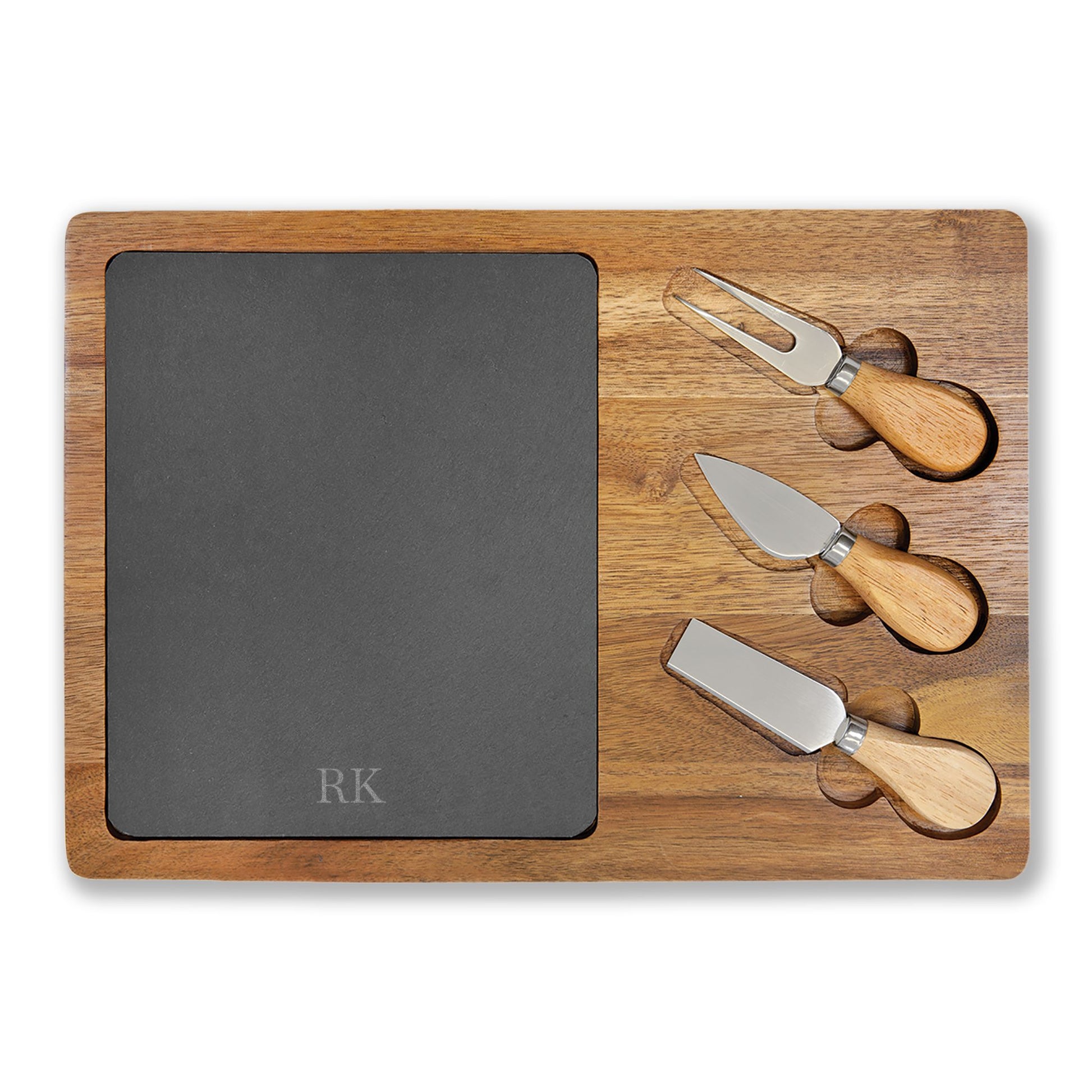 Personalized large charcuterie board for men in acacia wood with slate insert
