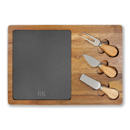 Personalized large charcuterie board for men in acacia wood with slate insert