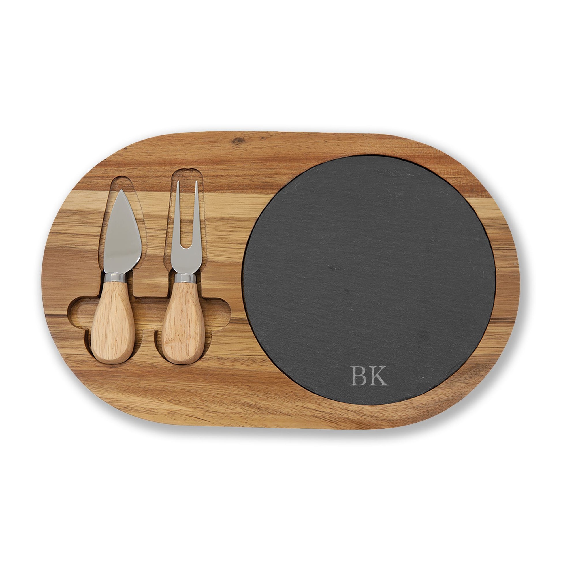 Personalized medium charcuterie board for men in acacia wood with slate insert