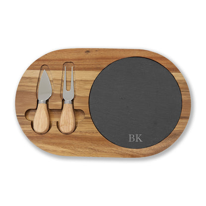 Personalized medium charcuterie board for men in acacia wood with slate insert