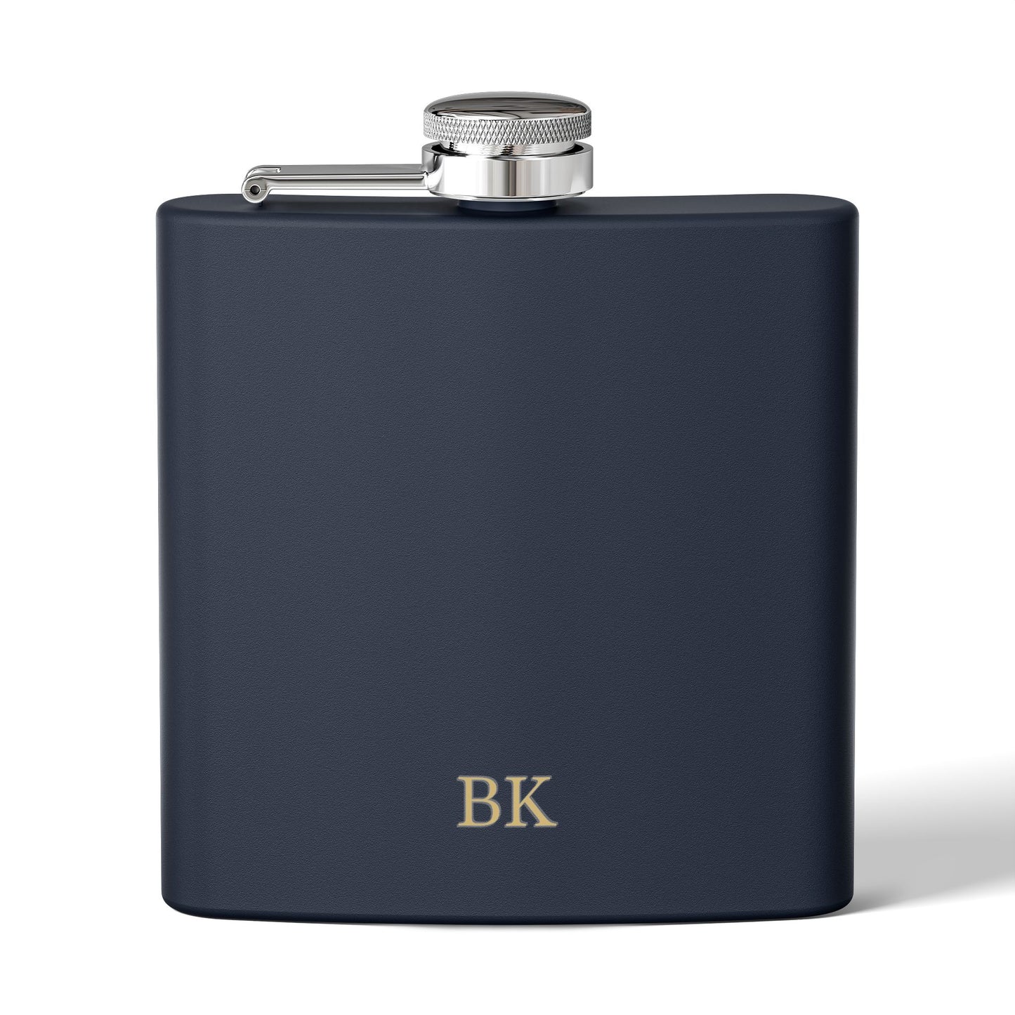 Personalized engraved hip flask for men in navy stainless steel, 6oz