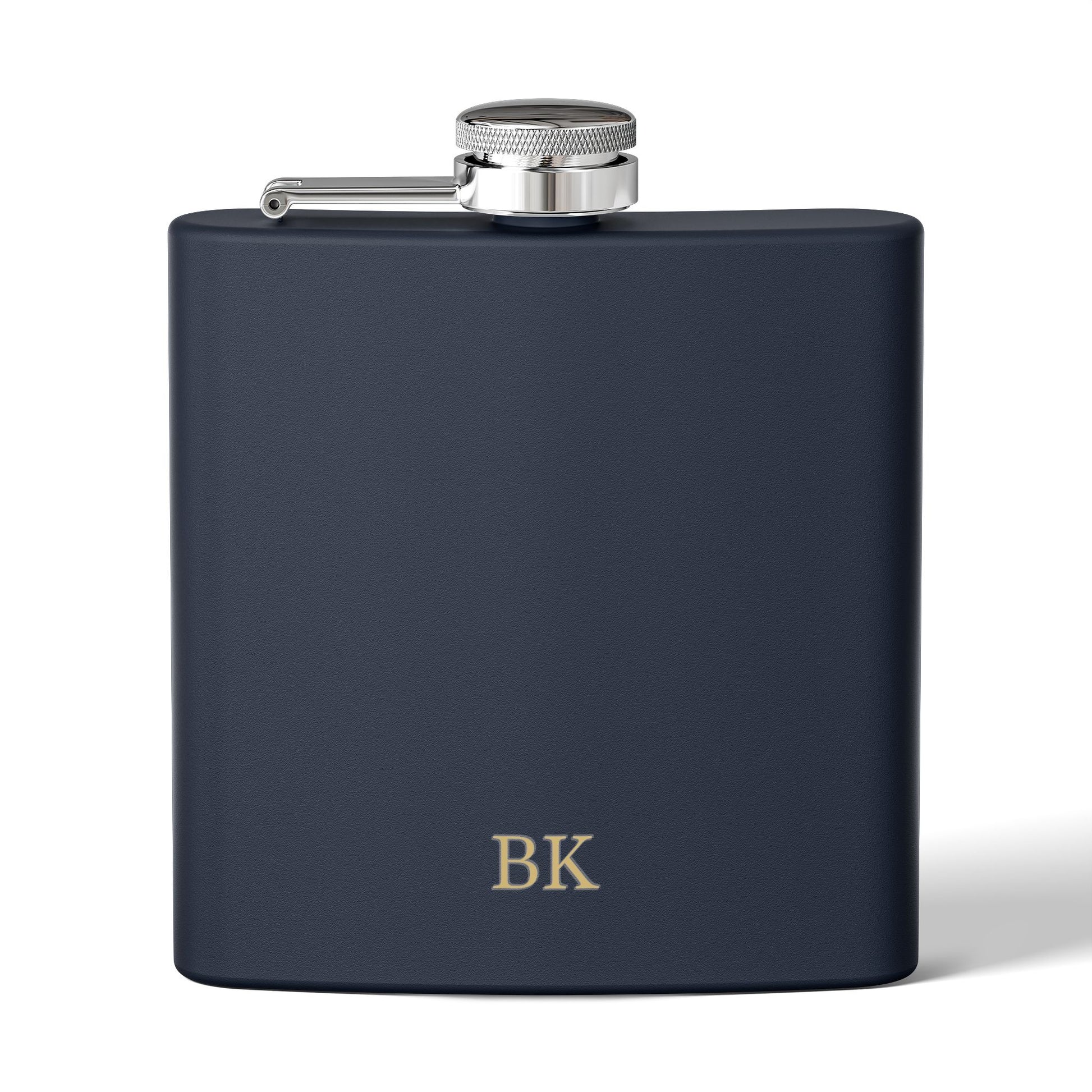 Personalized engraved hip flask for men in navy stainless steel, 6oz