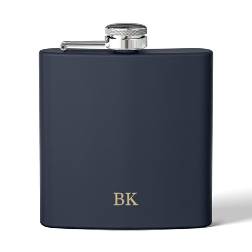 Personalized engraved hip flask for men in navy stainless steel, 6oz