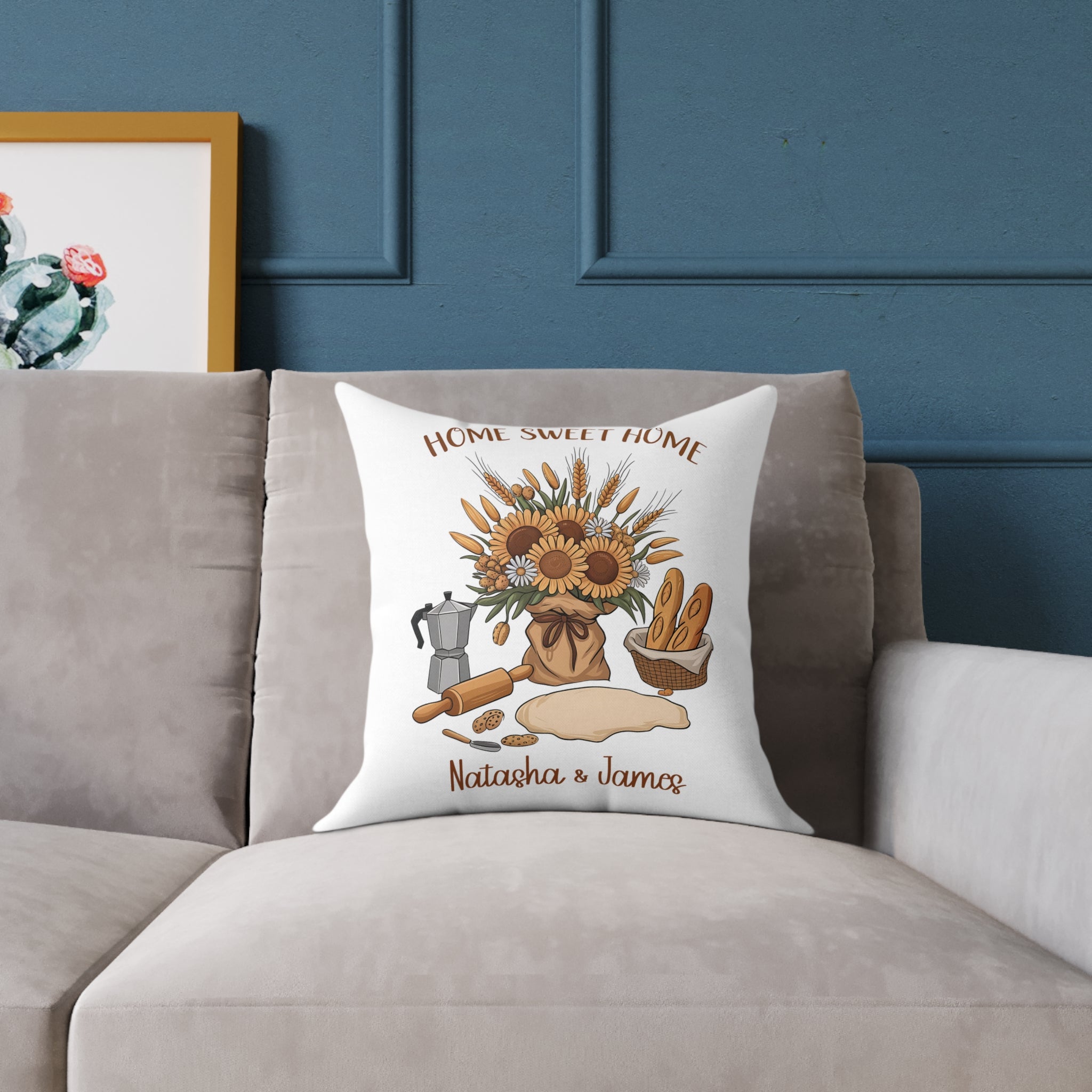 Close-up of Home Sweet Home design with sunflowers and custom names