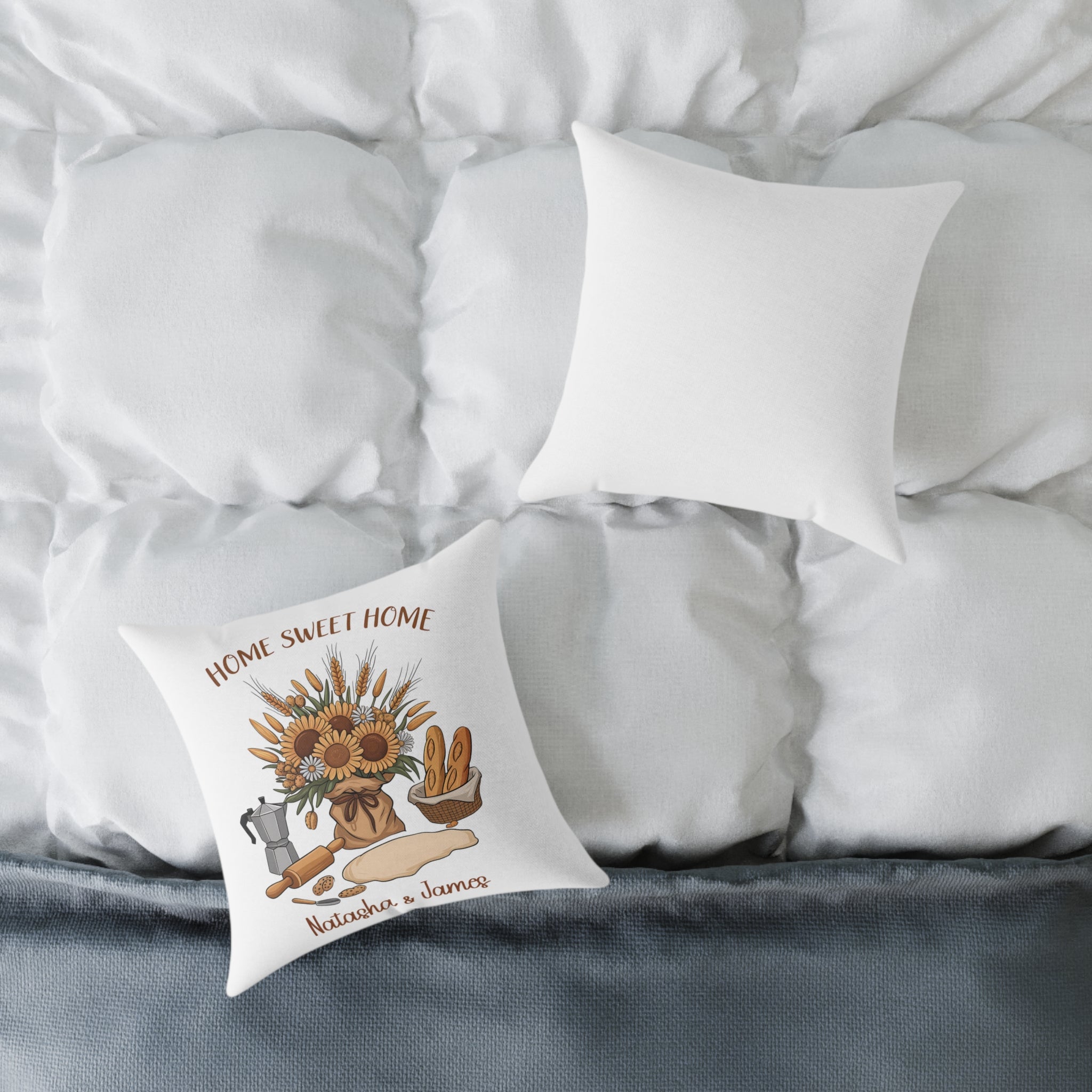 Personalized housewarming pillow displayed in a home setting