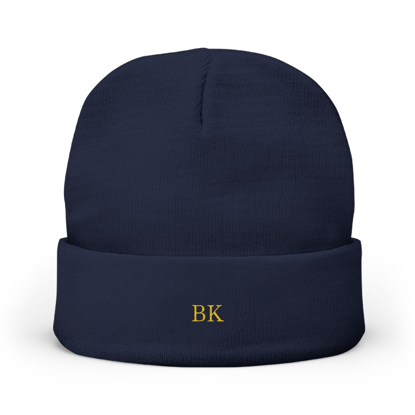 Personalized knit beanie for men in dark navy with custom embroidery