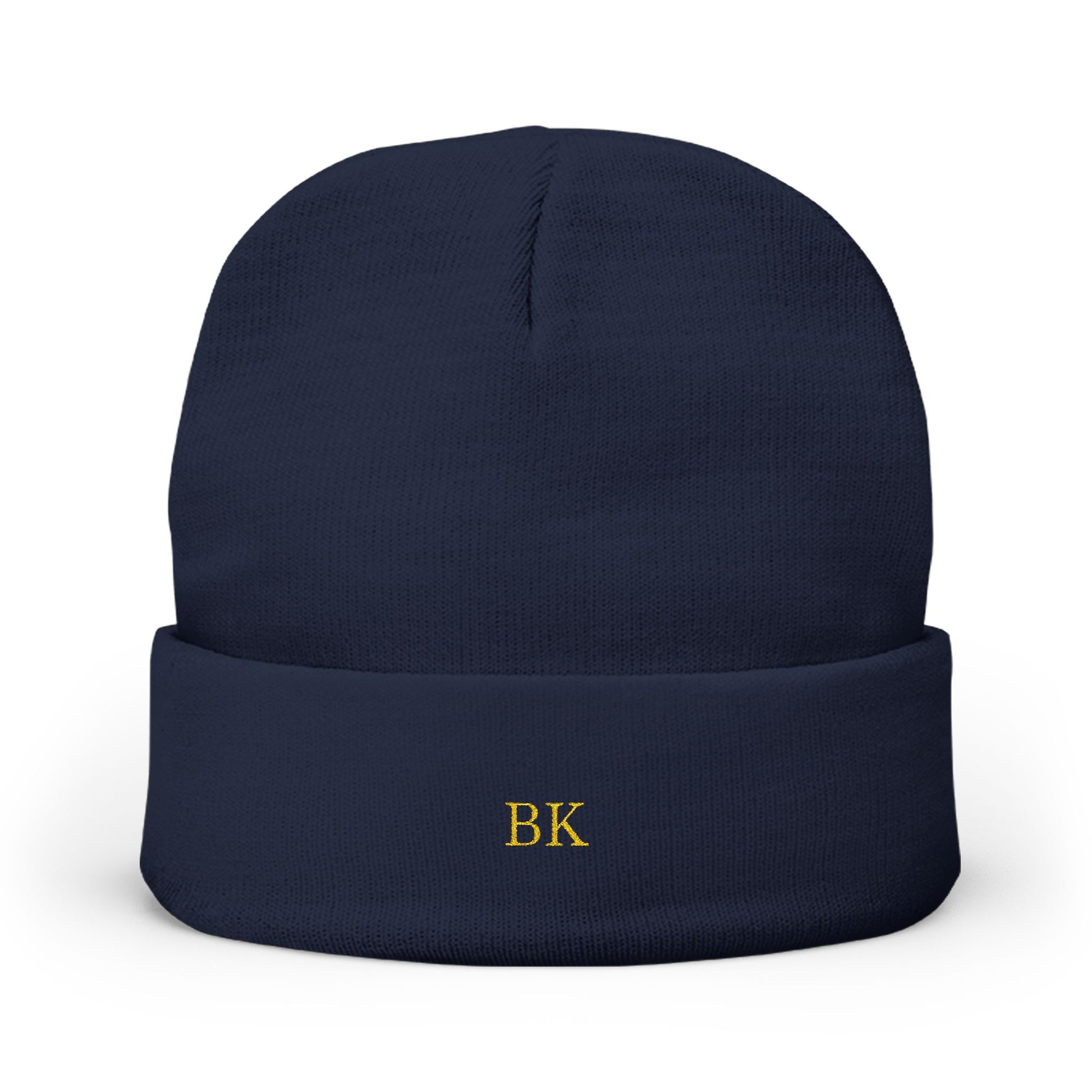 Personalized knit beanie for men in dark navy with custom embroidery