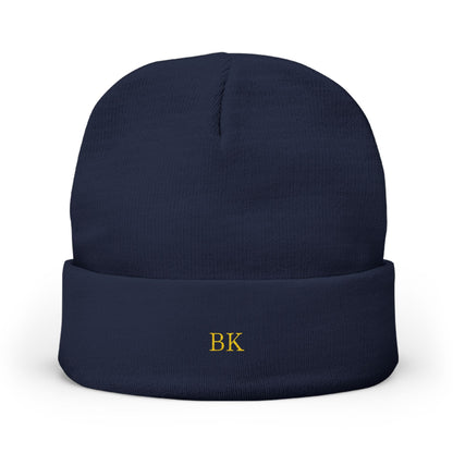 Personalized knit beanie for men in dark navy with custom embroidery