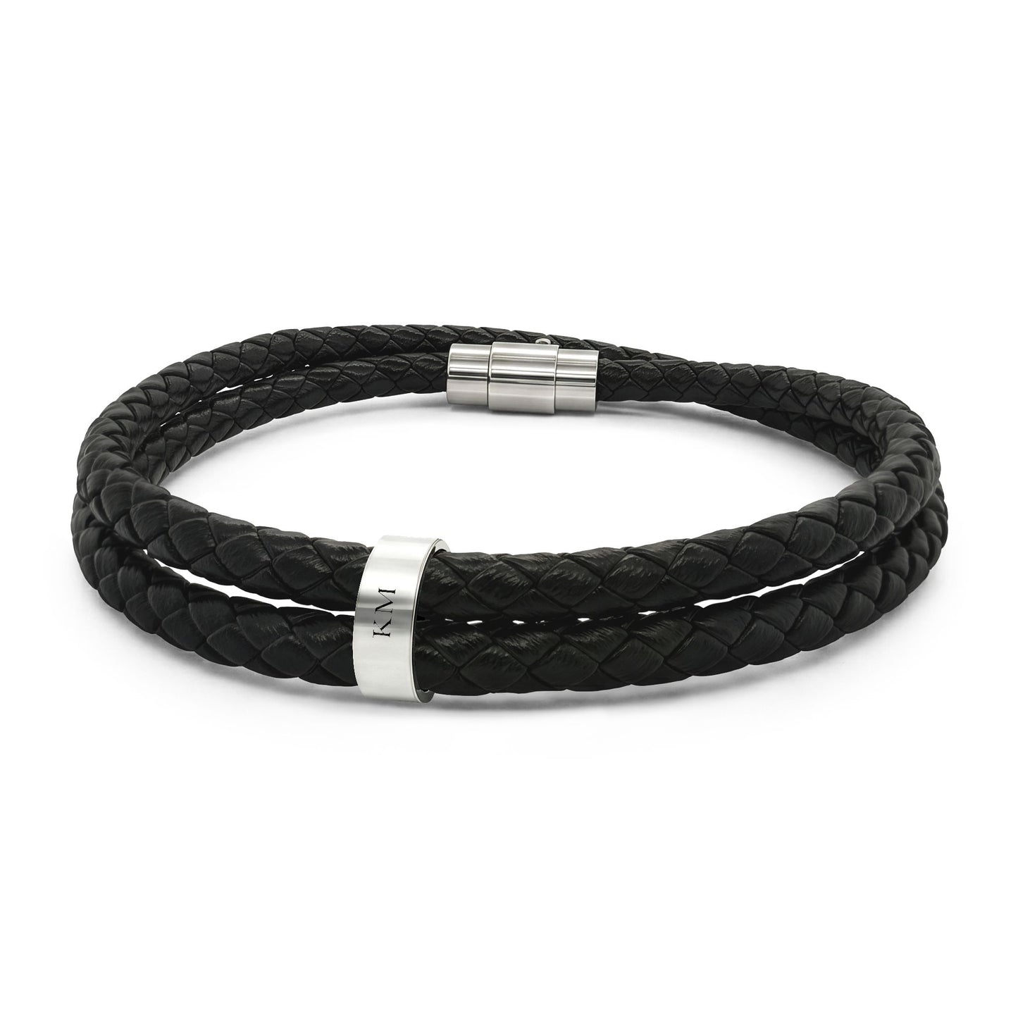 Personalized leather bracelet for men with four engraved stainless steel beads
