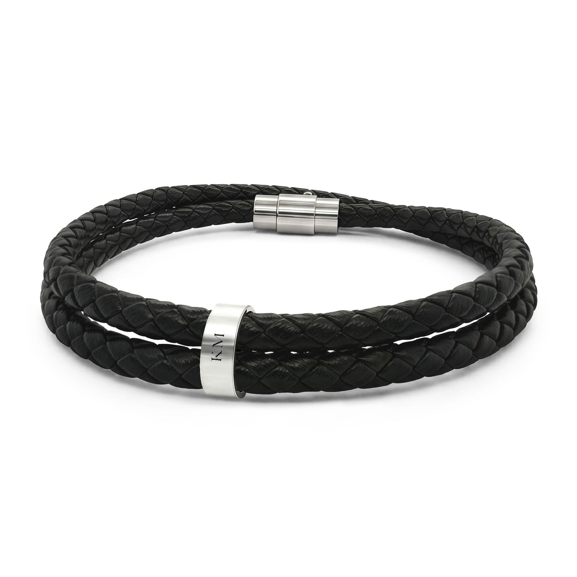Personalized leather bracelet for men with four engraved stainless steel beads