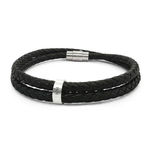 Personalized leather bracelet for men with four engraved stainless steel beads
