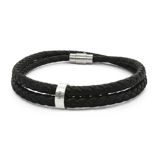Personalized leather bracelet for men with four engraved stainless steel beads
