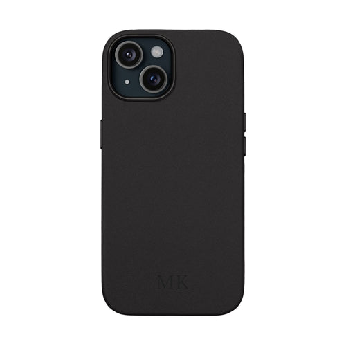 Personalized leather phone case for men, iPhone 15, black vegan leather