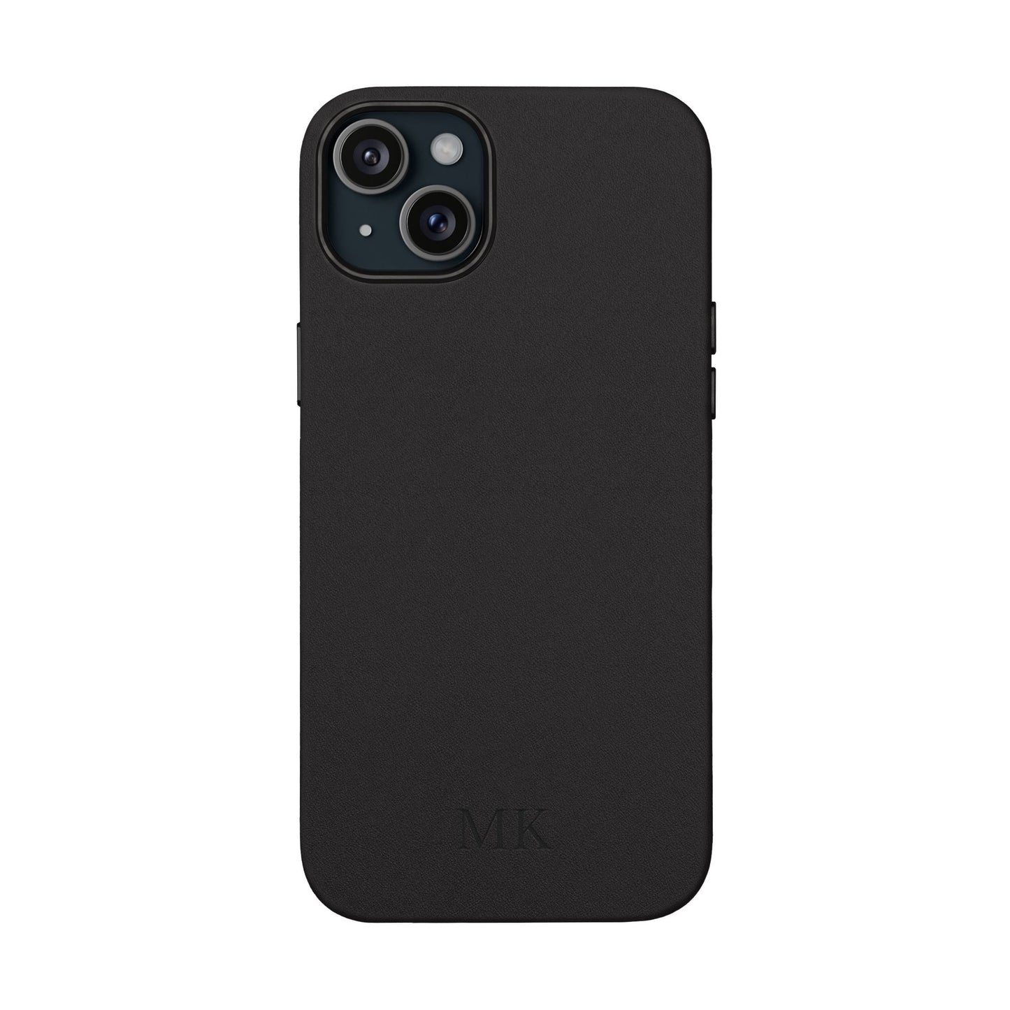 Personalized leather phone case for men, iPhone 15 Plus, black vegan leather