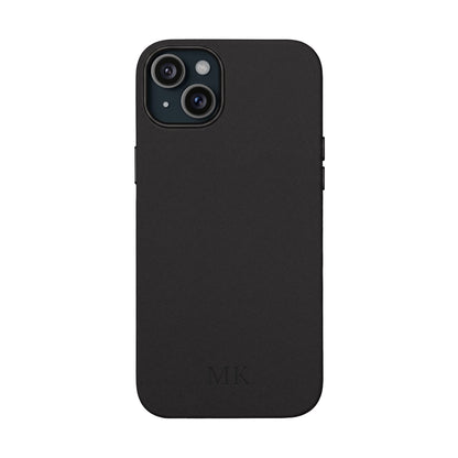 Personalized leather phone case for men, iPhone 15 Plus, black vegan leather