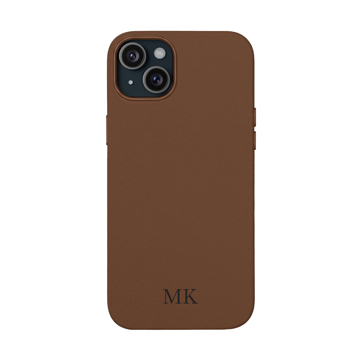 Personalized leather phone case for men, iPhone 15 Plus, brown vegan leather