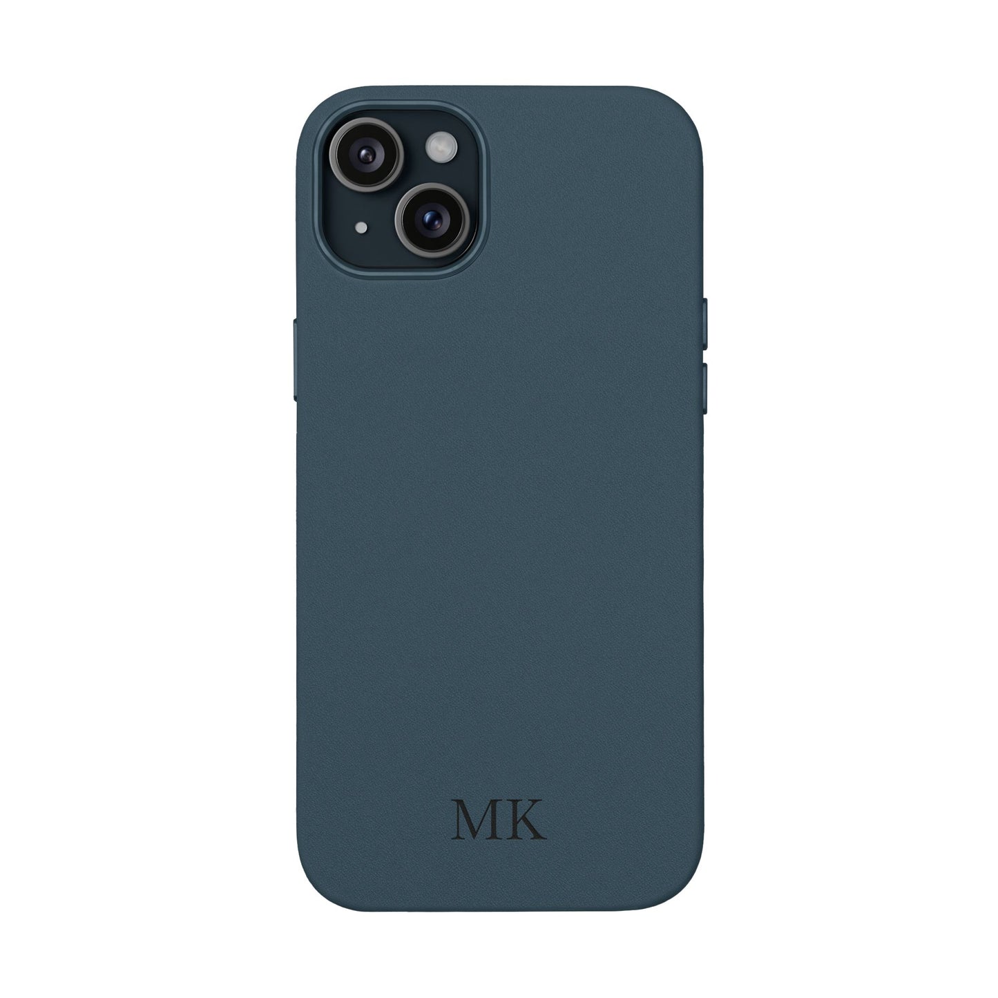 Personalized leather phone case for men, iPhone 15 Plus, midnight navy vegan leather