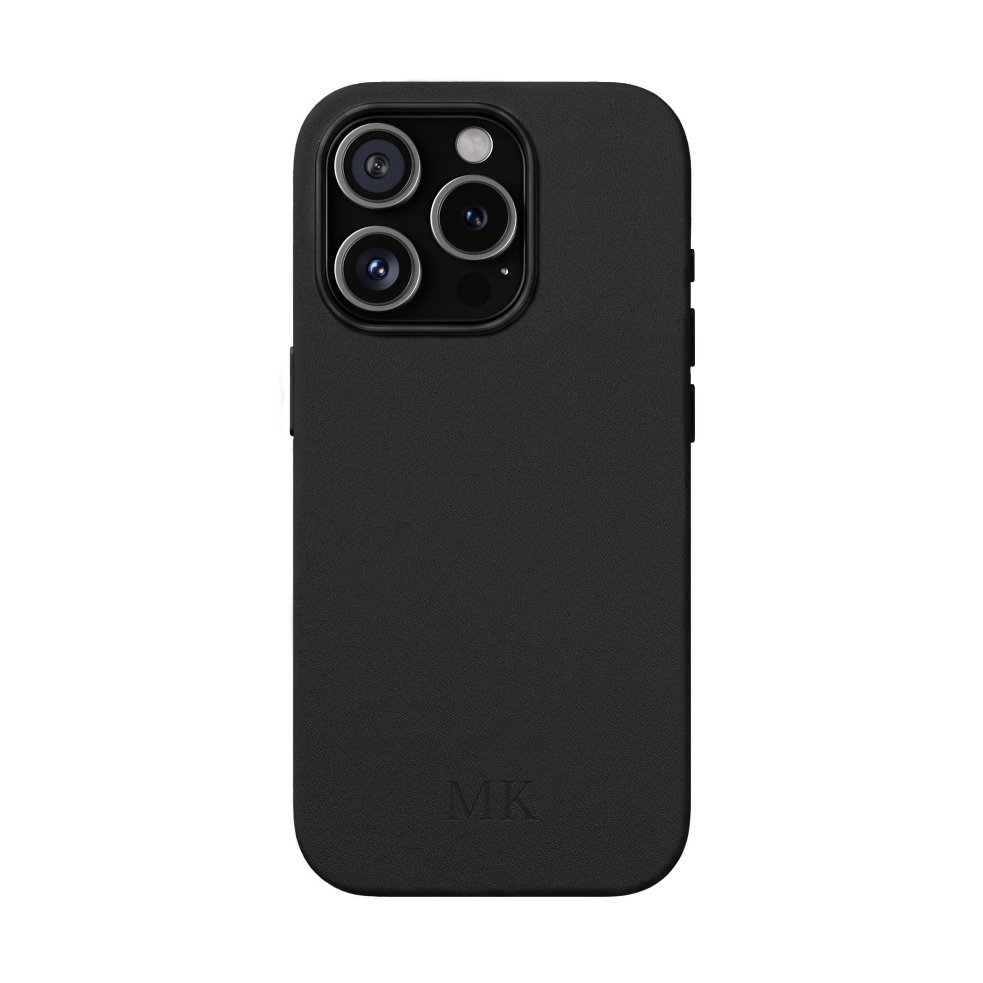 Personalized leather phone case for men, iPhone 15 Pro, black vegan leather