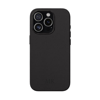 Personalized leather phone case for men, iPhone 15 Pro, black vegan leather