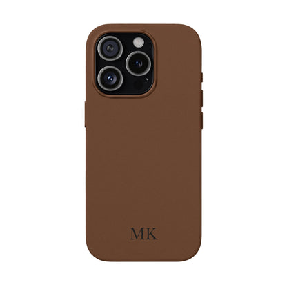 Personalized leather phone case for men, iPhone 15 Pro, brown vegan leather