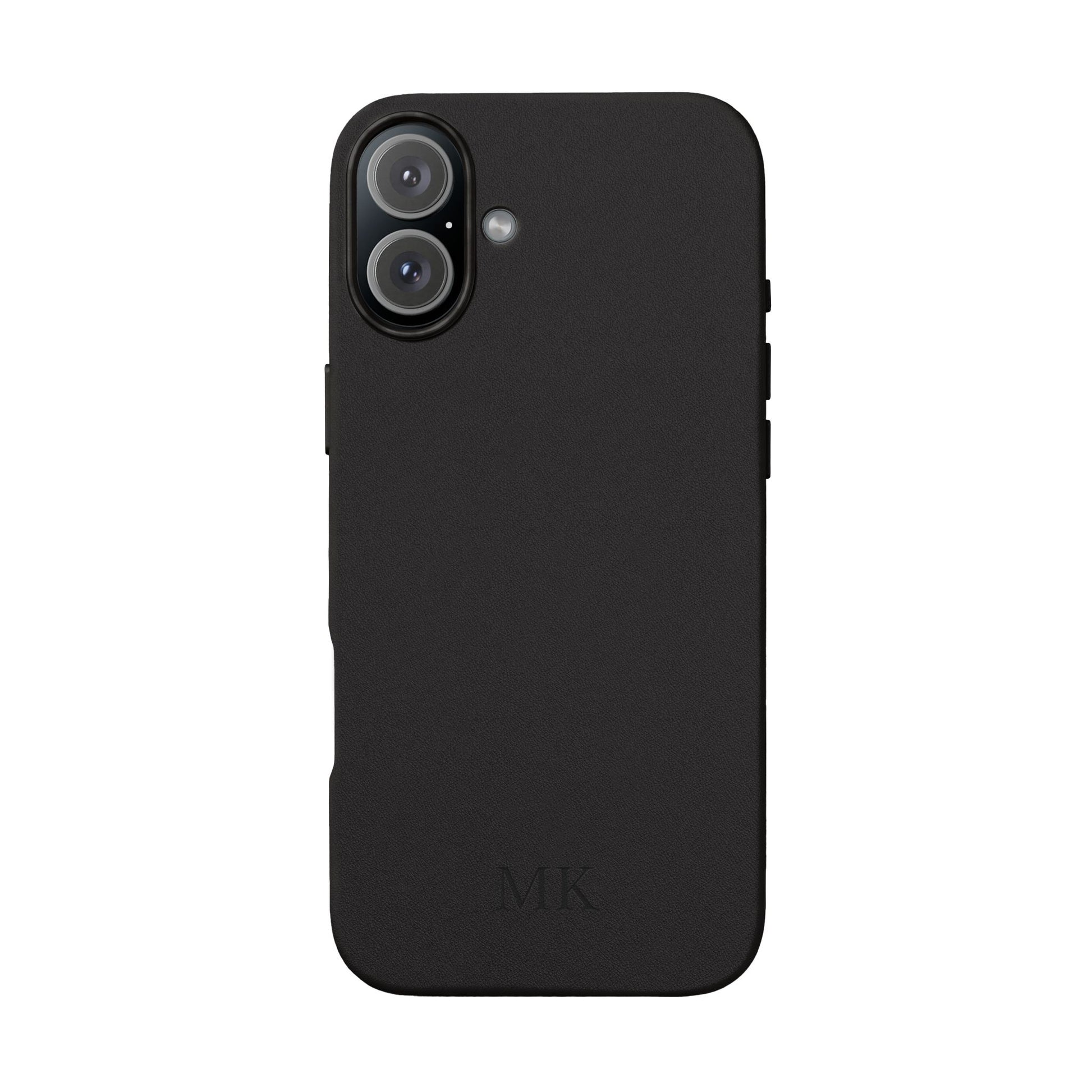 Personalized leather phone case for men, iPhone 16 Plus, black vegan leather