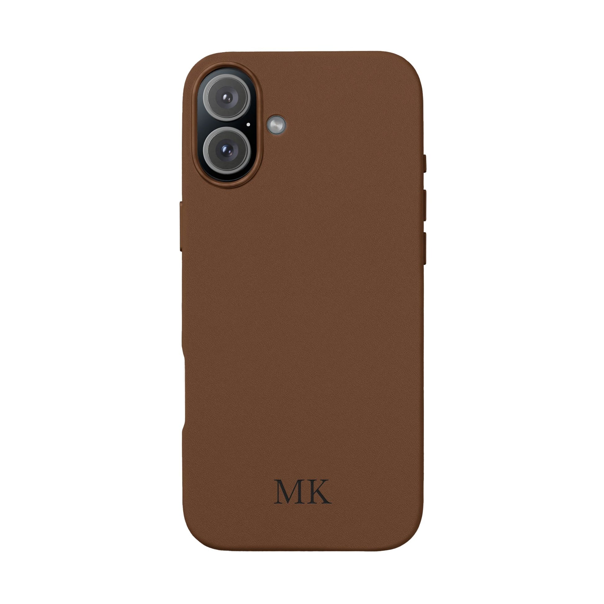 Personalized leather phone case for men, iPhone 16 Plus, brown vegan leather