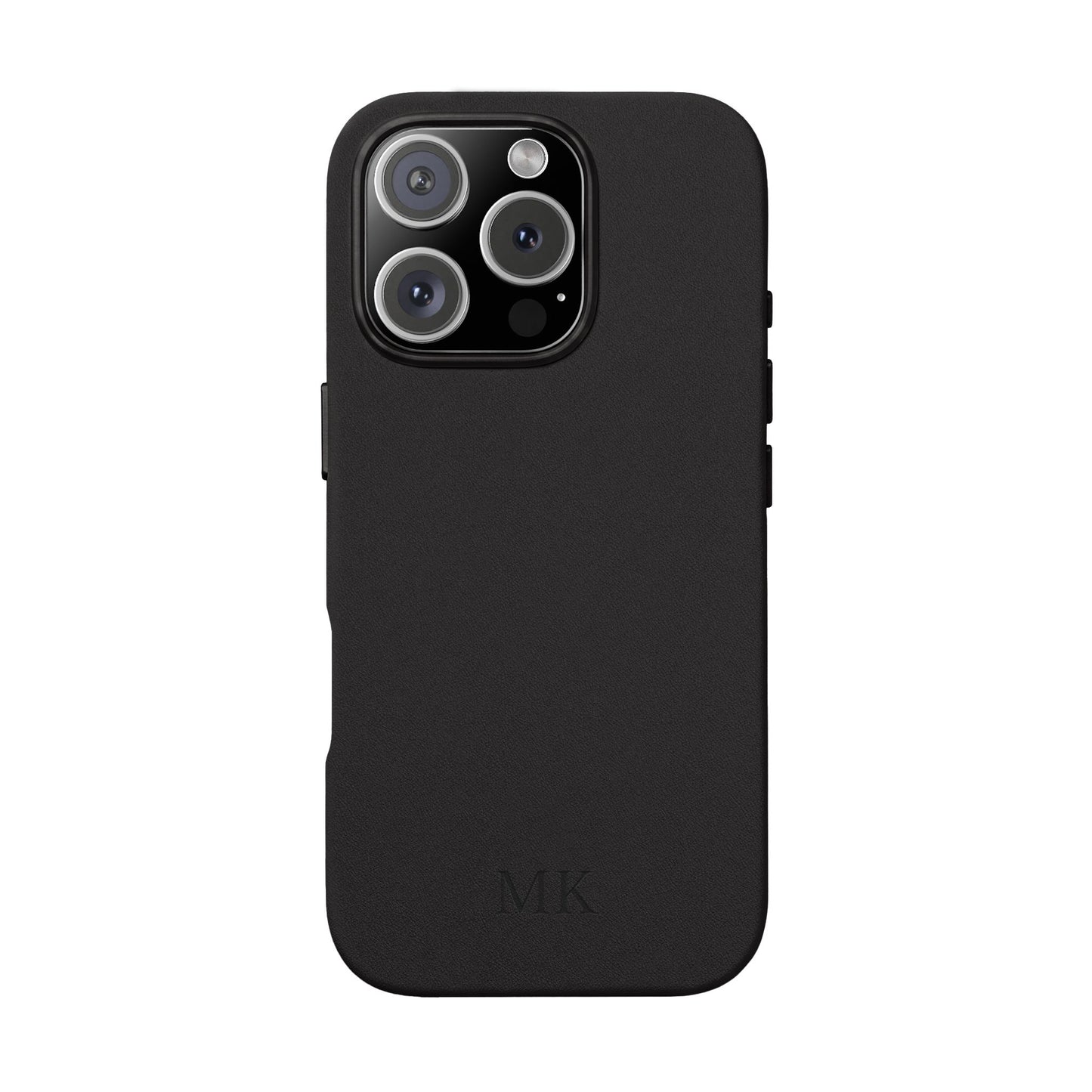 Personalized leather phone case for men, iPhone 16 Pro, black vegan leather