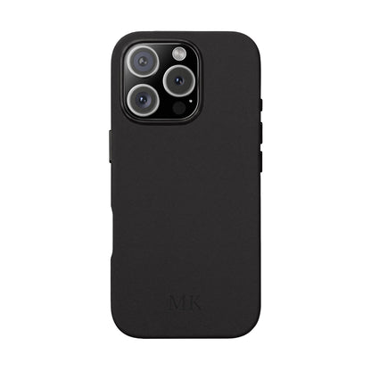 Personalized leather phone case for men, iPhone 16 Pro, black vegan leather