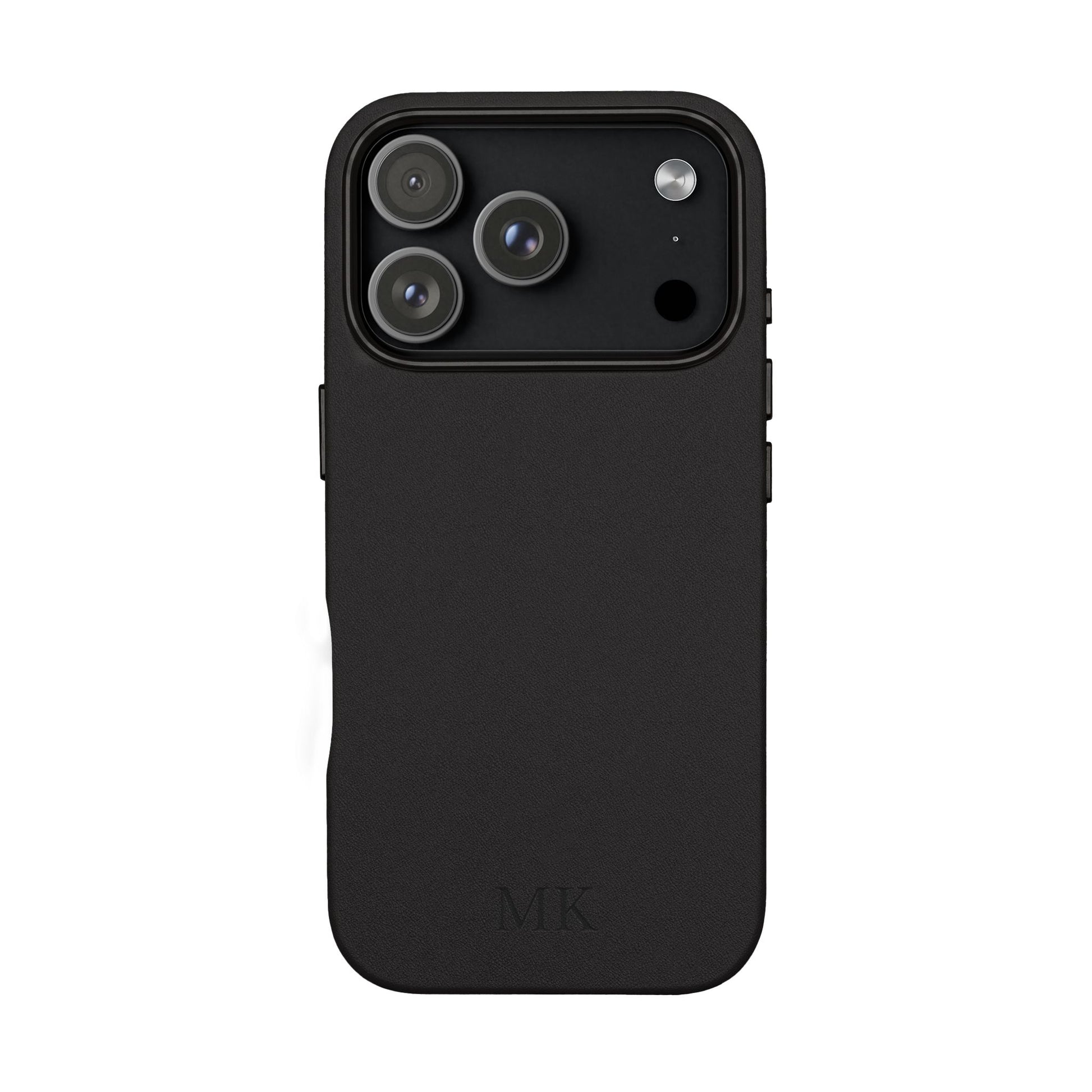 Personalized leather phone case for men, iPhone 17 Pro, black vegan leather