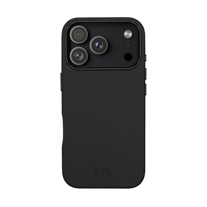 Personalized leather phone case for men, iPhone 17 Pro, black vegan leather