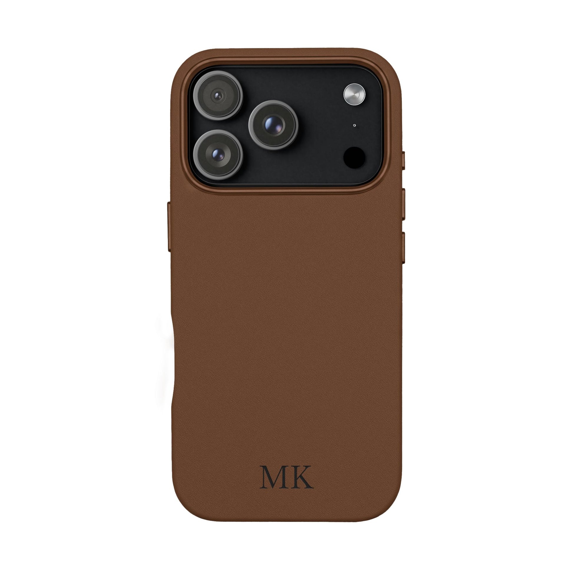 Personalized leather phone case for men, iPhone 17 Pro, brown vegan leather