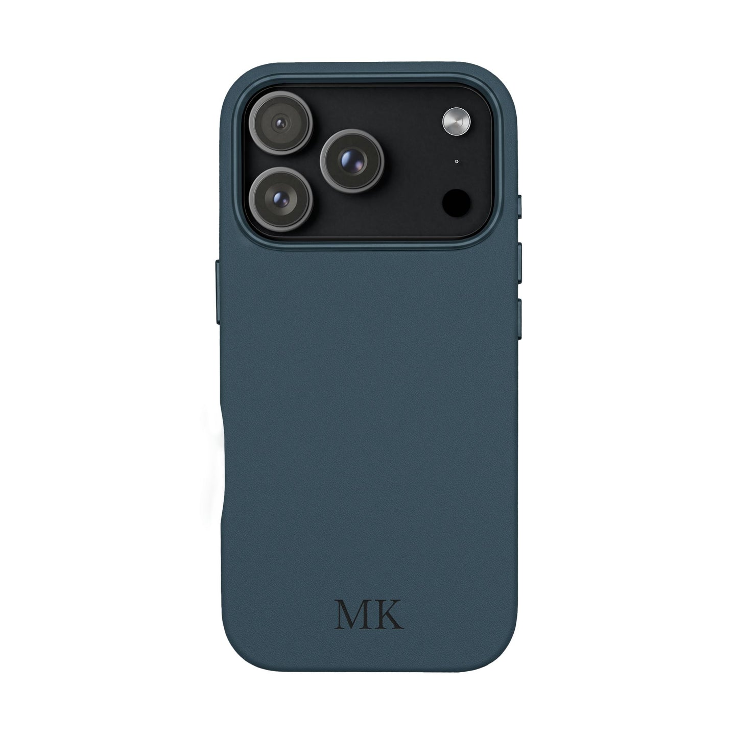 Personalized leather phone case for men, iPhone 17 Pro, midnight navy vegan leather