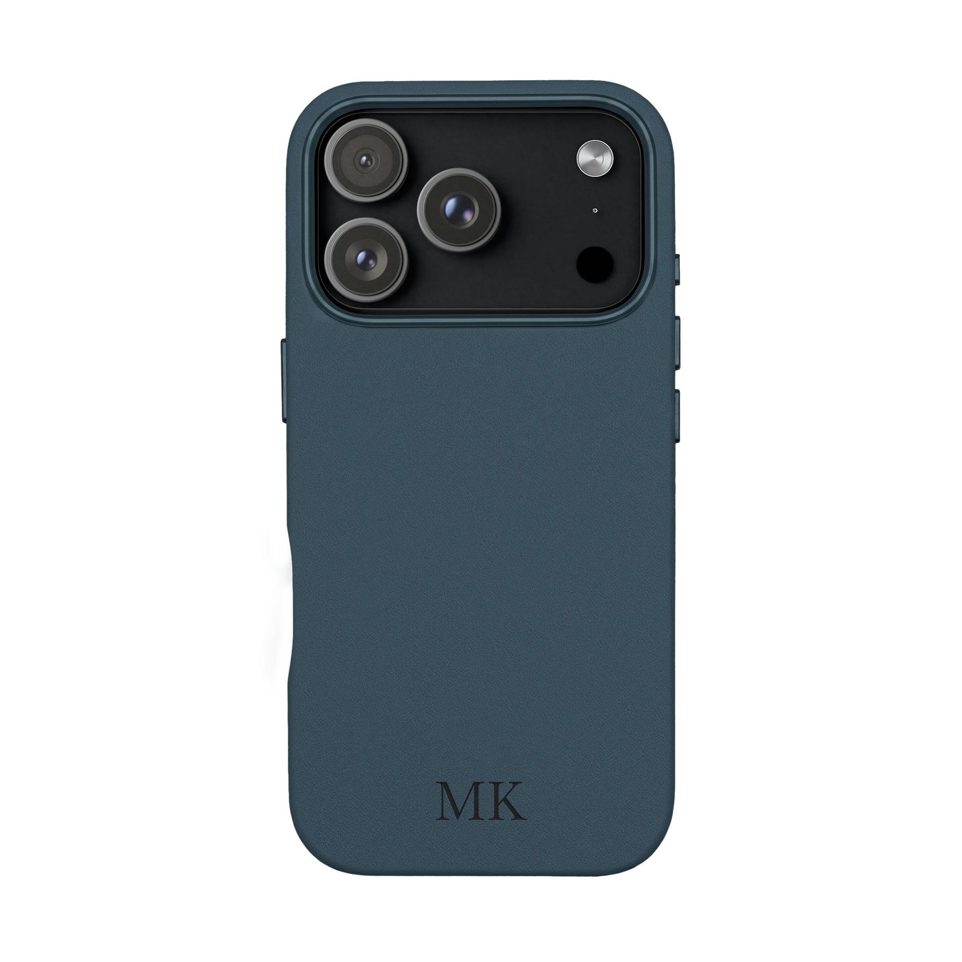 Personalized leather phone case for men, iPhone 17 Pro, midnight navy vegan leather