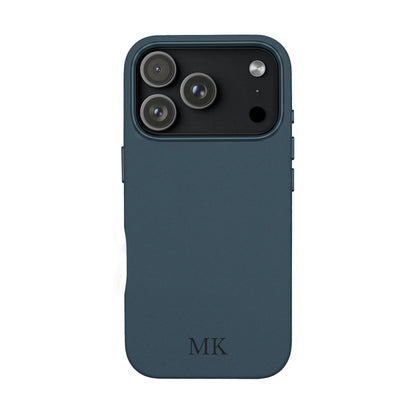 Personalized leather phone case for men, iPhone 17 Pro, midnight navy vegan leather