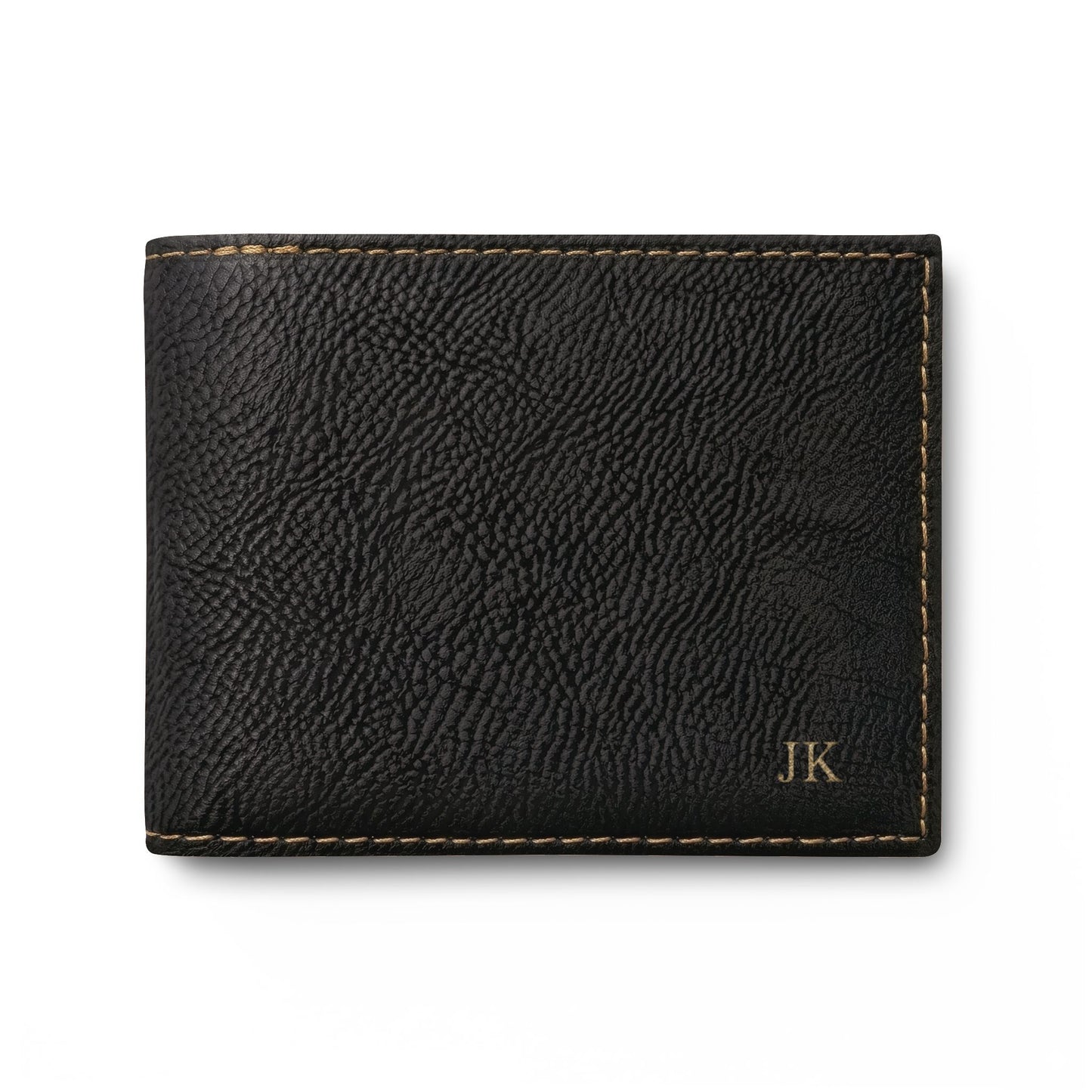 Personalized leather wallet for men in black with gold hardware, engraved