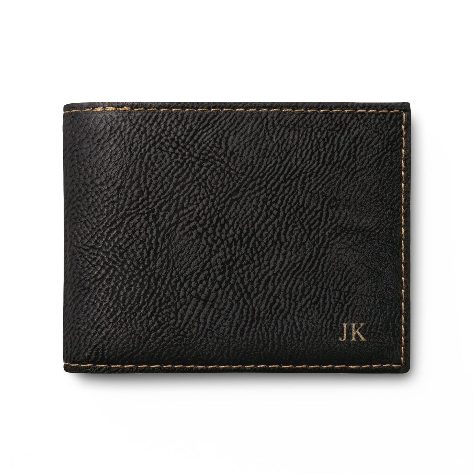 Personalized leather wallet for men in black with gold hardware, engraved