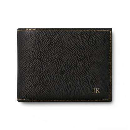 Personalized leather wallet for men in black with gold hardware, engraved