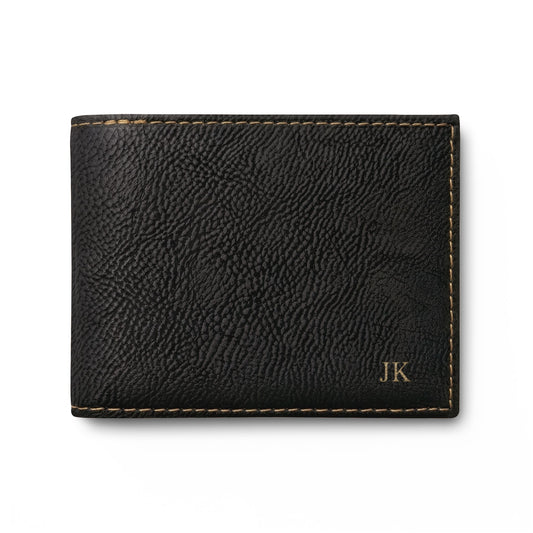 Personalized leather wallet for men in black with gold hardware, engraved