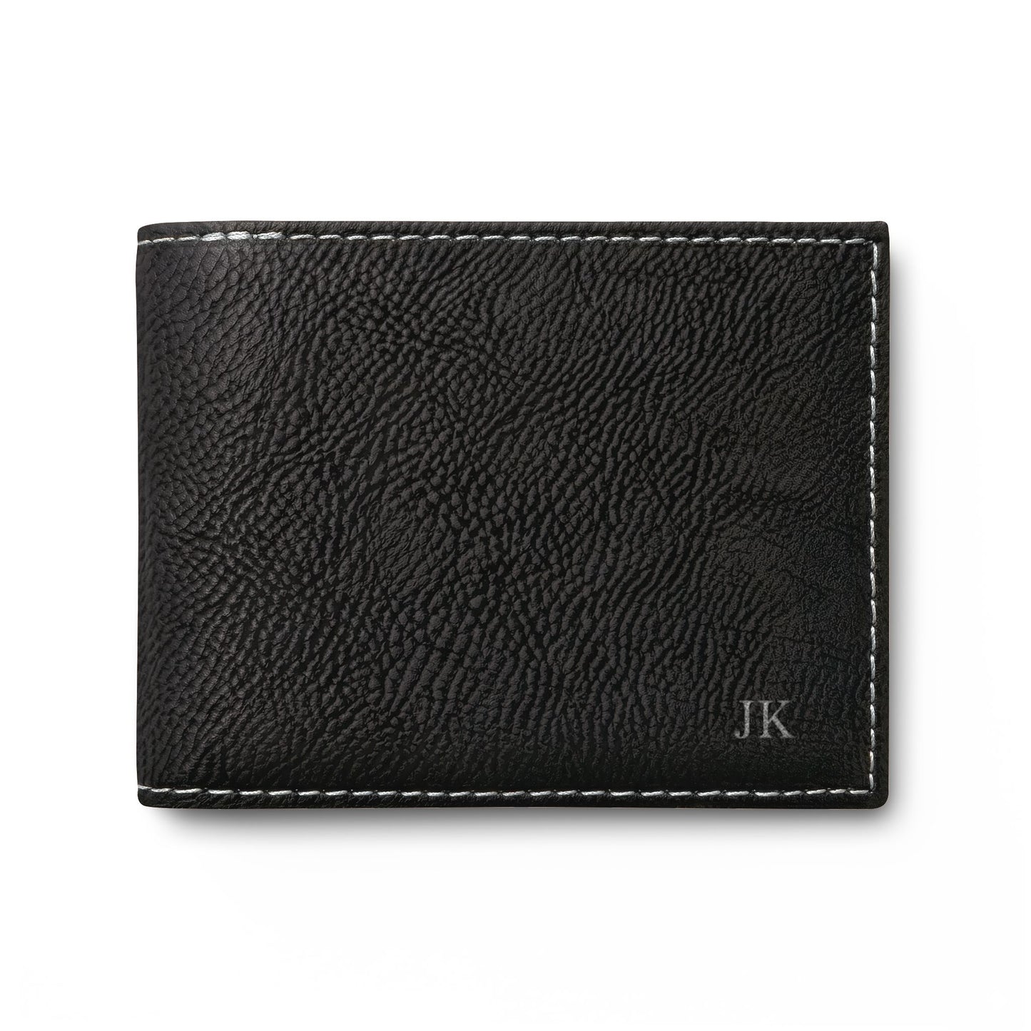 Personalized leather wallet for men in black with silver hardware, engraved
