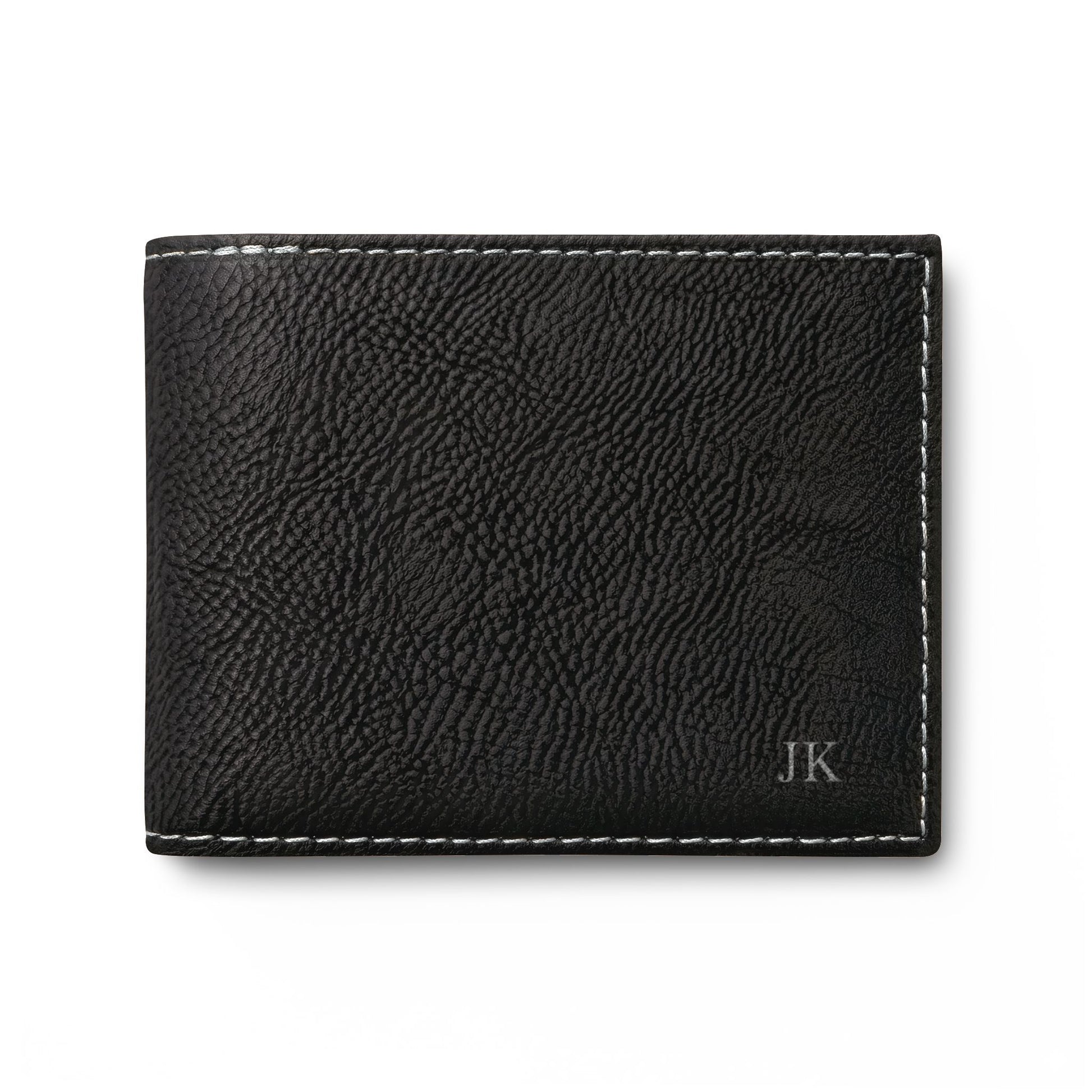 Personalized leather wallet for men in black with silver hardware, engraved