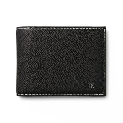 Personalized leather wallet for men in black with silver hardware, engraved