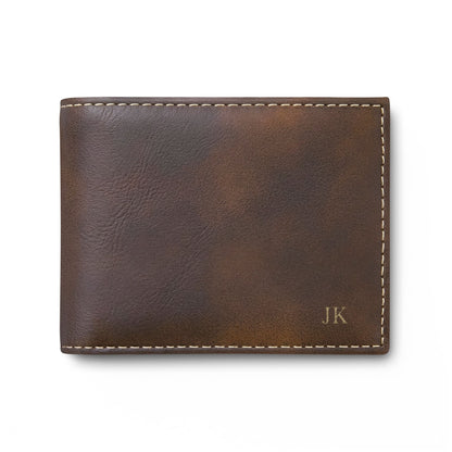 Personalized leather wallet for men in rustic leather with gold hardware, engraved