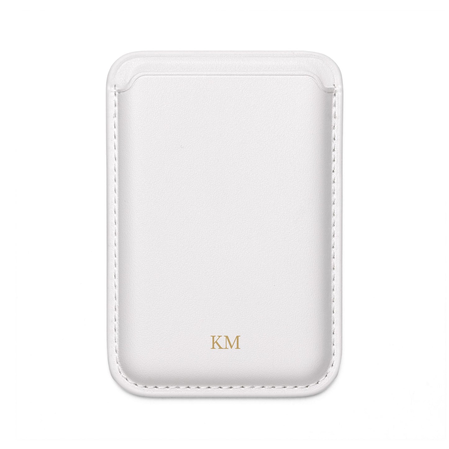 Personalized MagSafe wallet for men in black vegan leather attached to an iPhone