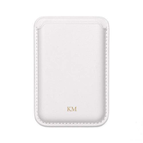 Personalized MagSafe wallet for men in black vegan leather attached to an iPhone