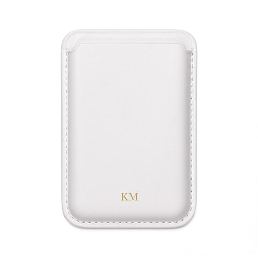 Personalized MagSafe wallet for men in black vegan leather attached to an iPhone